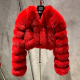 100% Real Fox Fur Cropped Bomber Coat - HEYFANCYSTYLE - Red